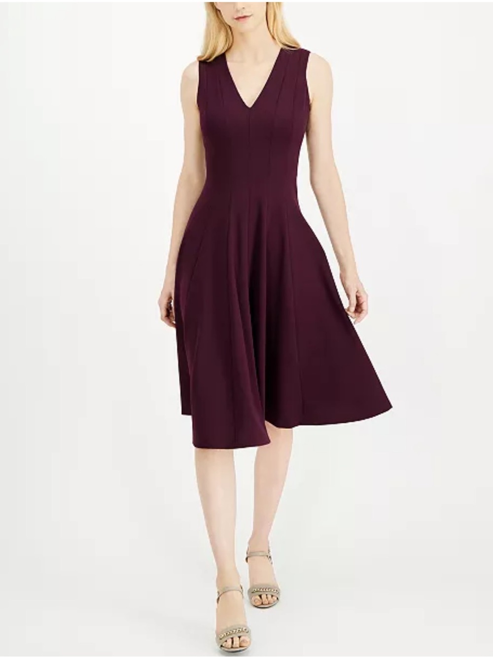 CK Calvin Klein V-Neck Plum Purple A-Line Midi Dress Size 2